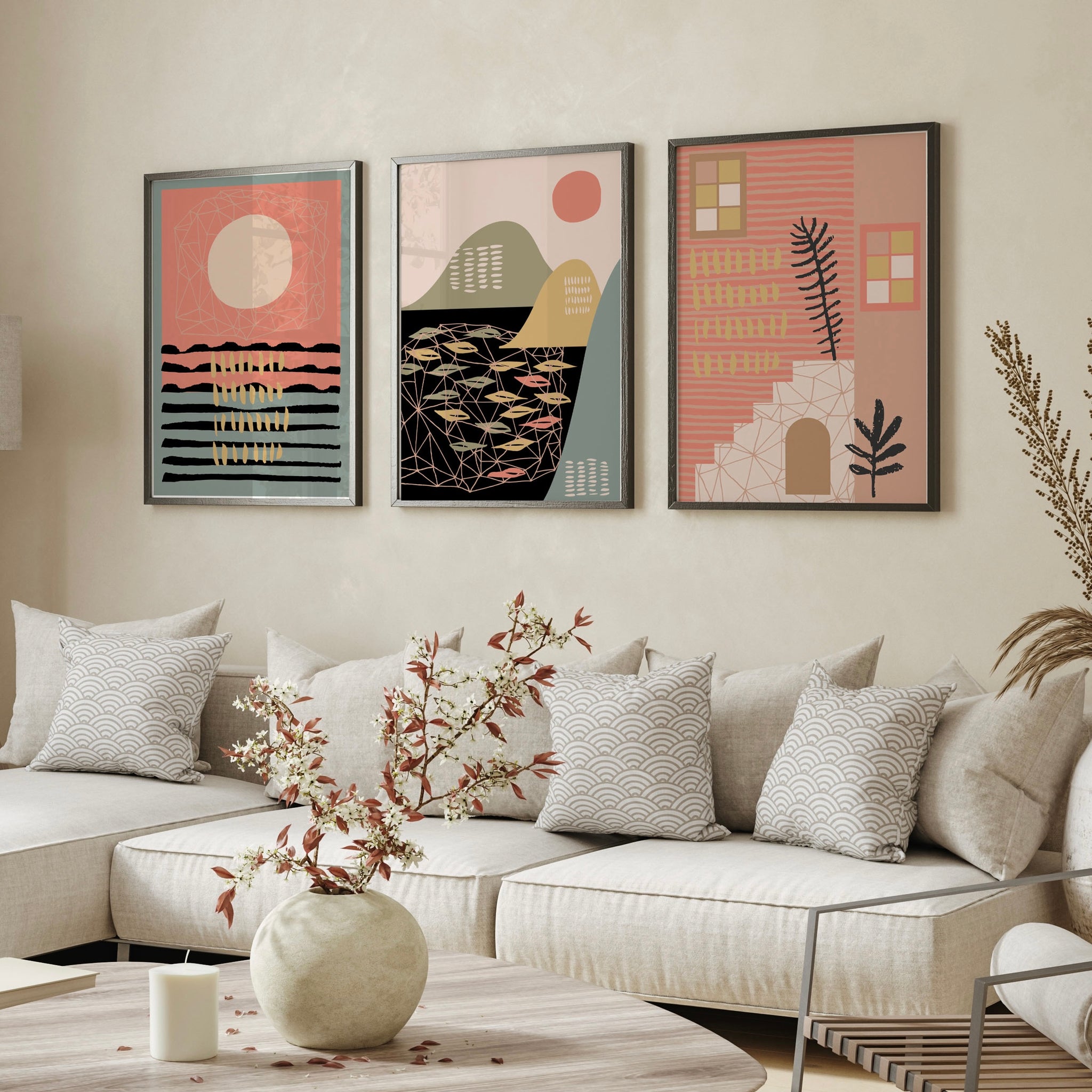 Boho Modern Contemporary Art Print Set of 3 | Natural Terracotta Trio | Gallery Wall Set