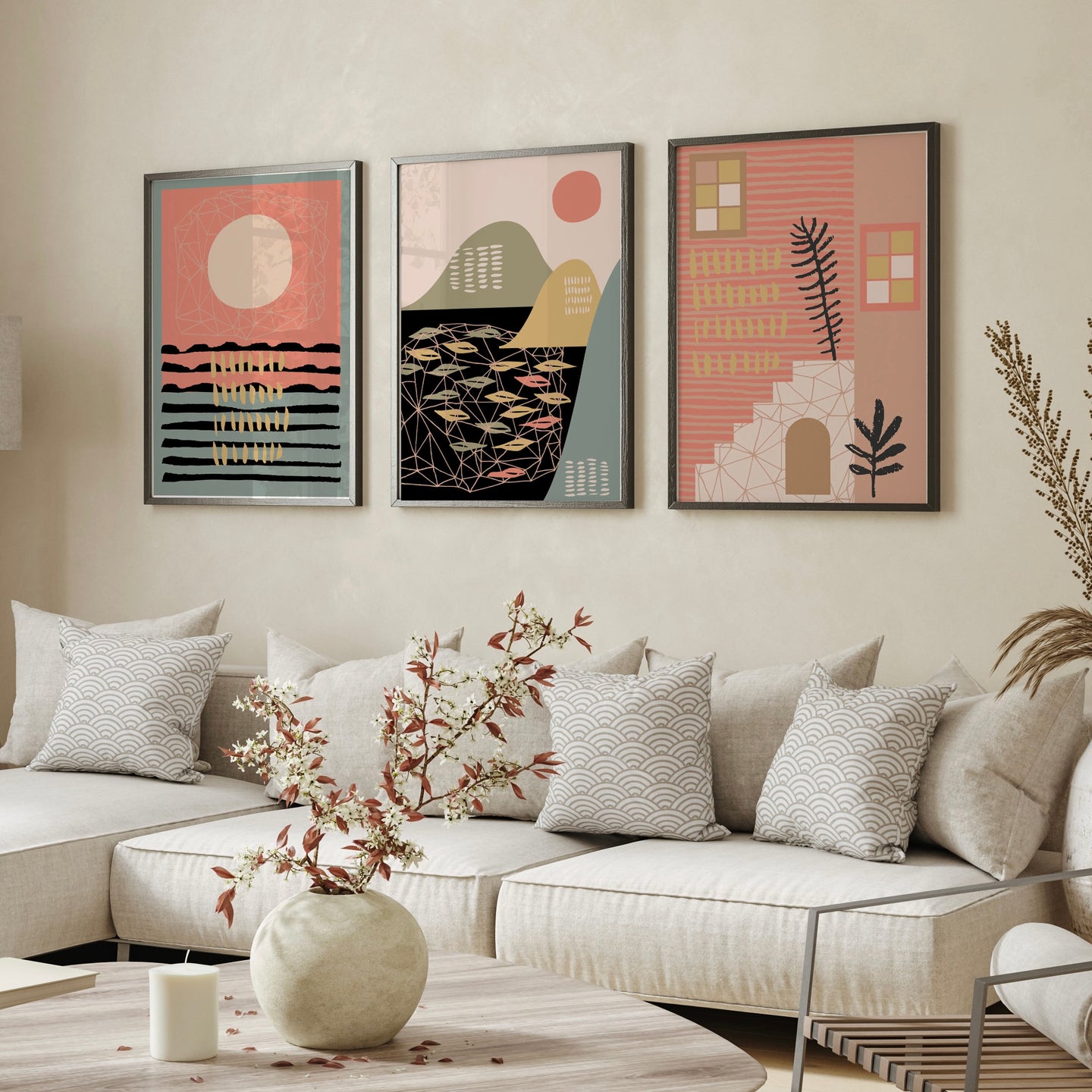 Boho Modern Contemporary Art Print Set of 3 | Natural Terracotta Trio | Gallery Wall Set