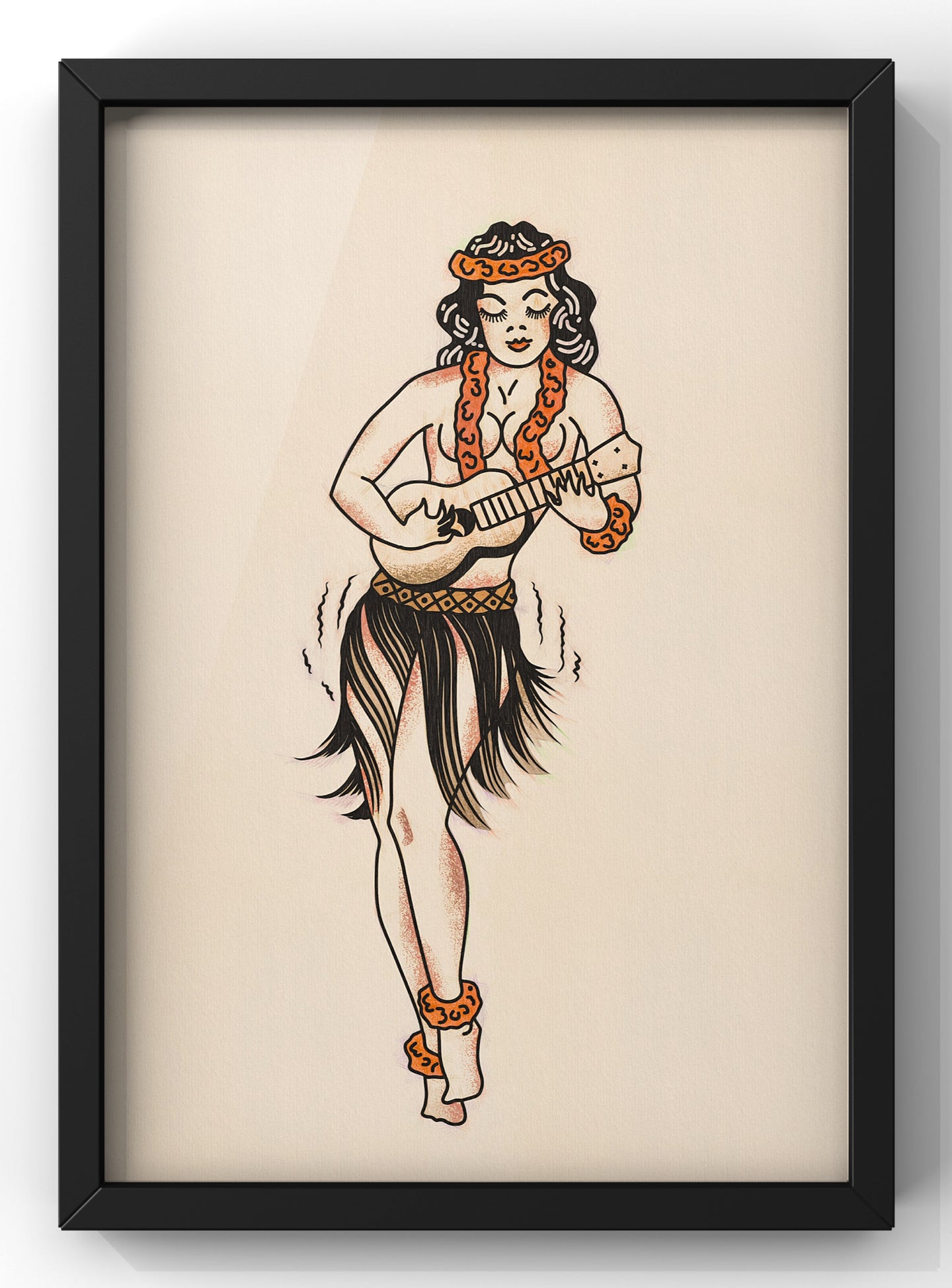 Guitar Playing Pin Up Girl Print | Sailor Jerrys Style Wall Art