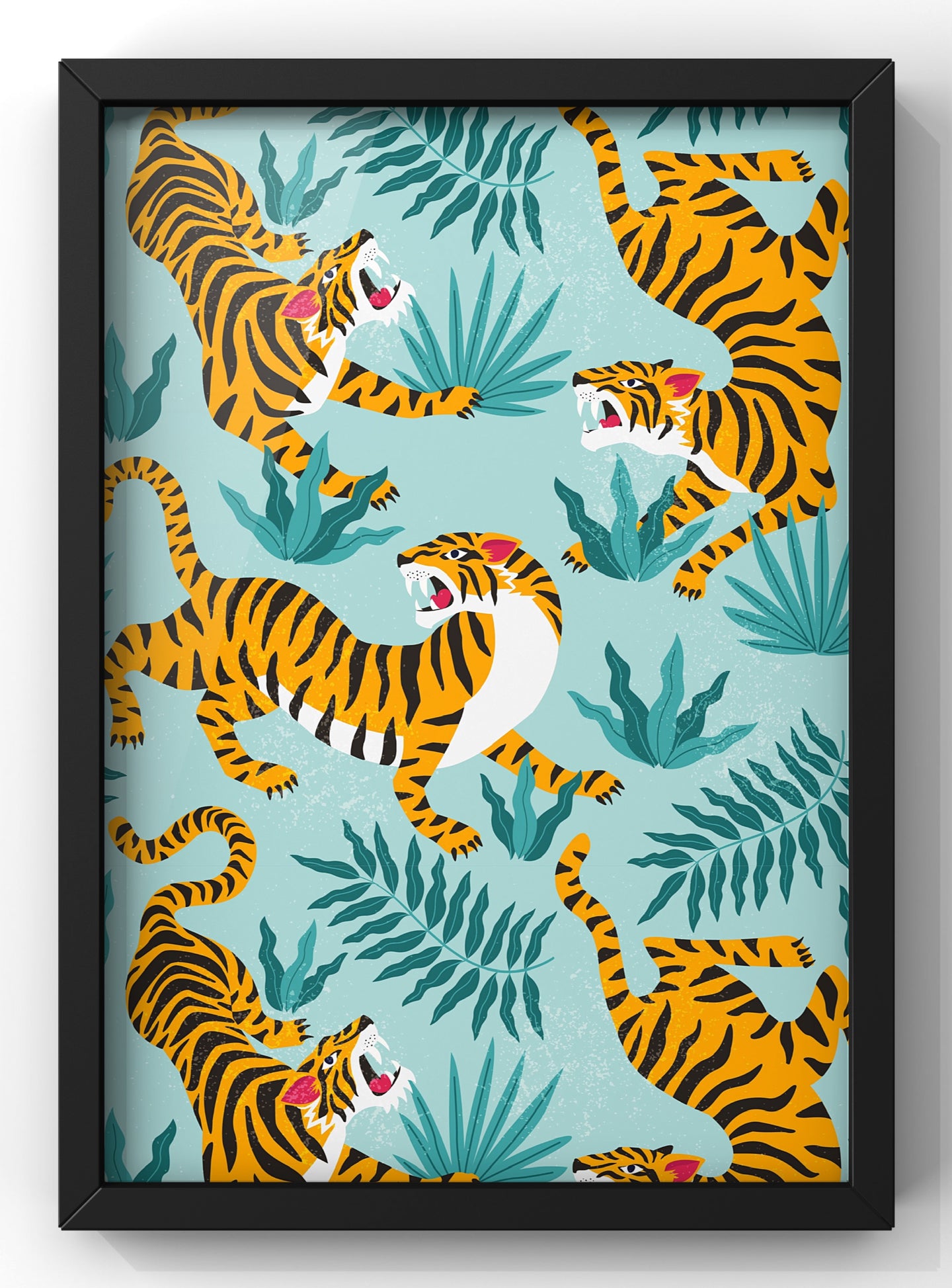Tiger Pattern illustration Wall Art Print | Light Blue