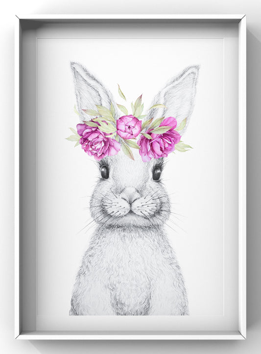 Bunny with Pink Flower Wreath Nursery Print | Watercolour Forest Animal Wall Art