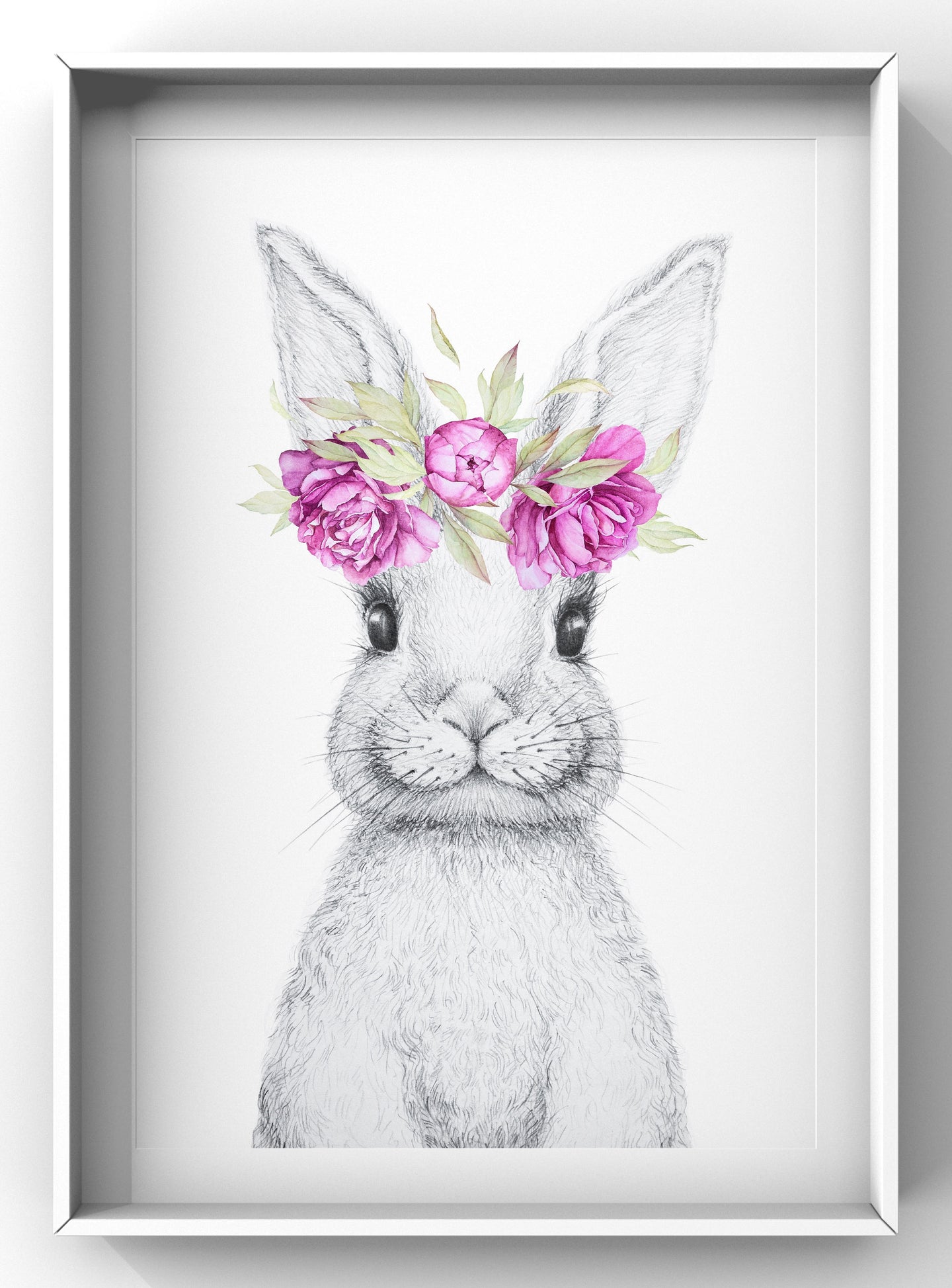 Bunny with Pink Flower Wreath Nursery Print | Watercolour Forest Animal Wall Art
