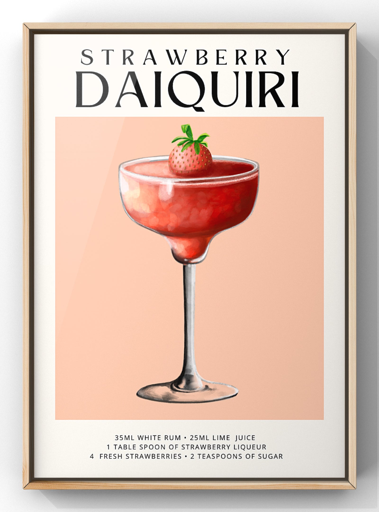 Strawberry Daiquiri Cocktail Recipe Poster | Kitchen Cocktail Wall Art | Home Bar Decor