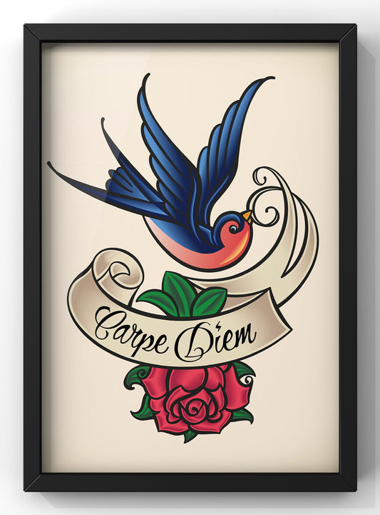 Carpe Diem Tattoo Art Print | Vintage Bird & Rose Wall Art