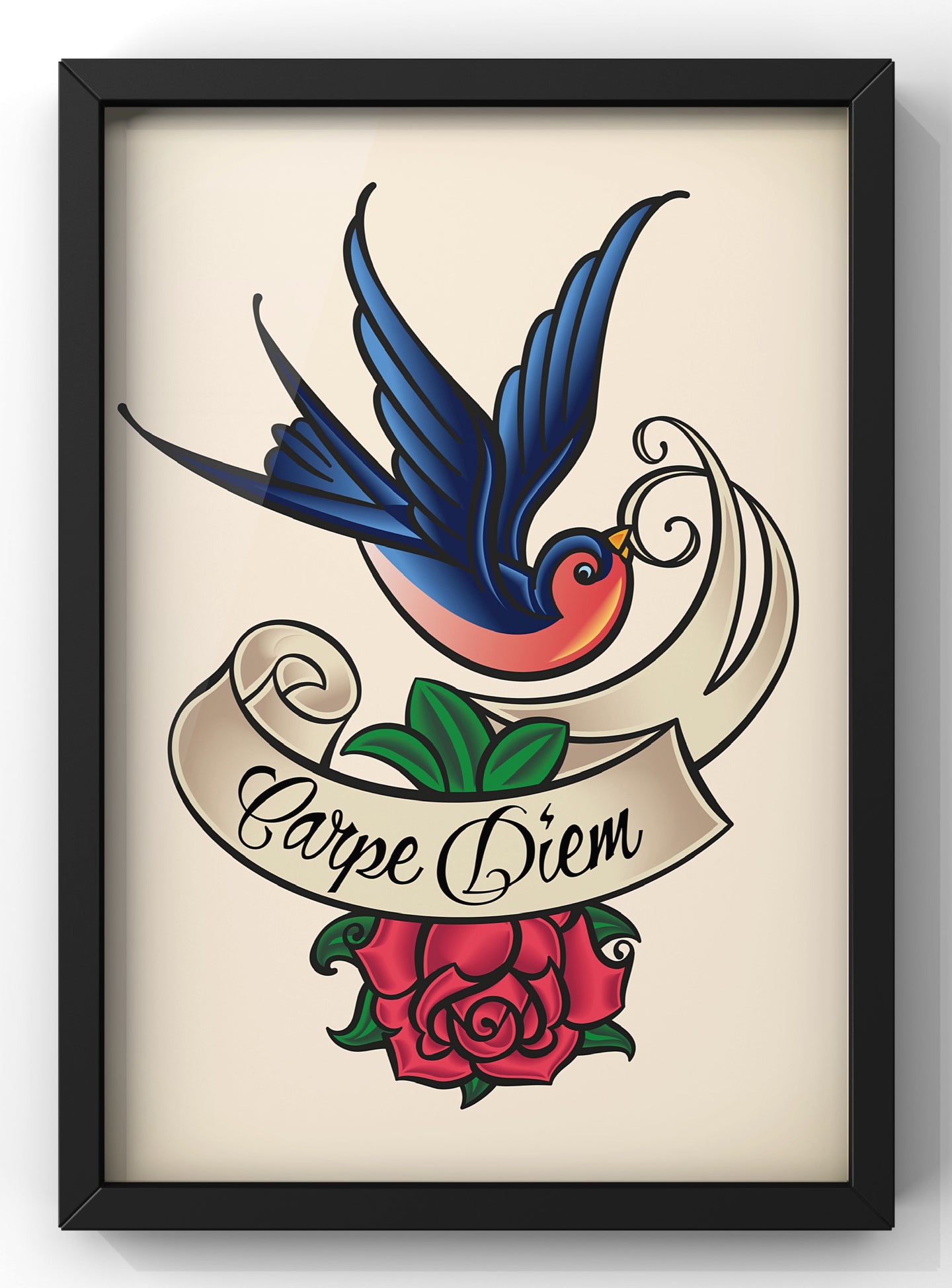 Carpe Diem Tattoo Art Print | Vintage Bird & Rose Wall Art