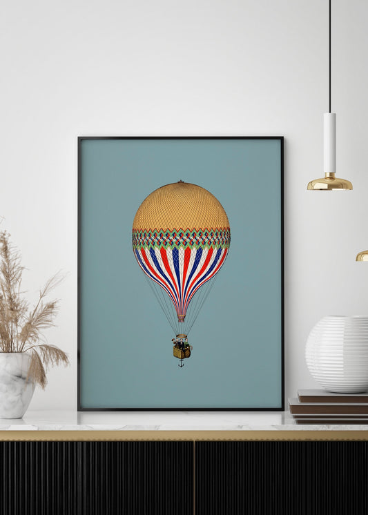 Vintage Hot Air Balloon Print | Blue Backdrop Minimal Print