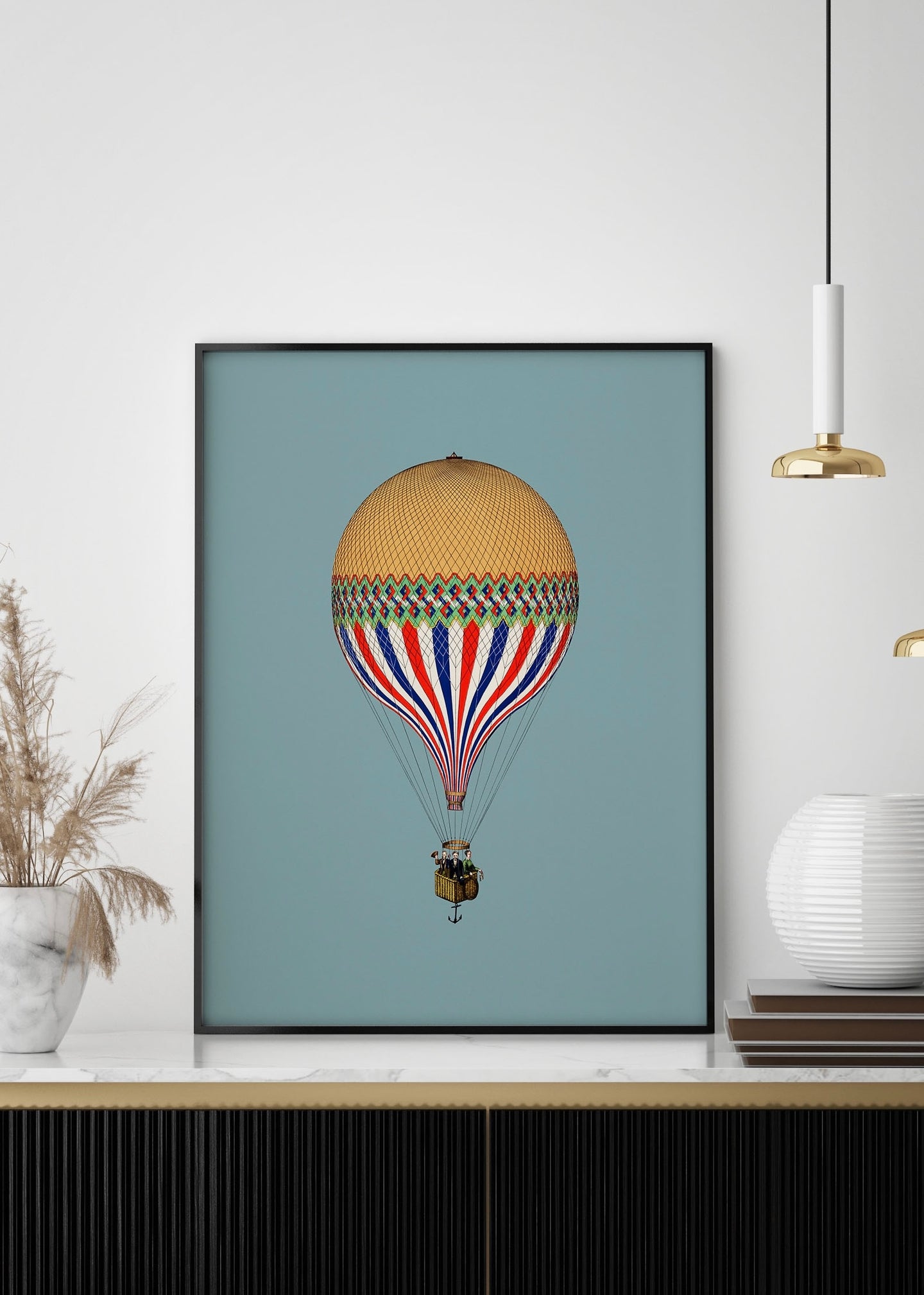 Vintage Hot Air Balloon Print | Blue Backdrop Minimal Print