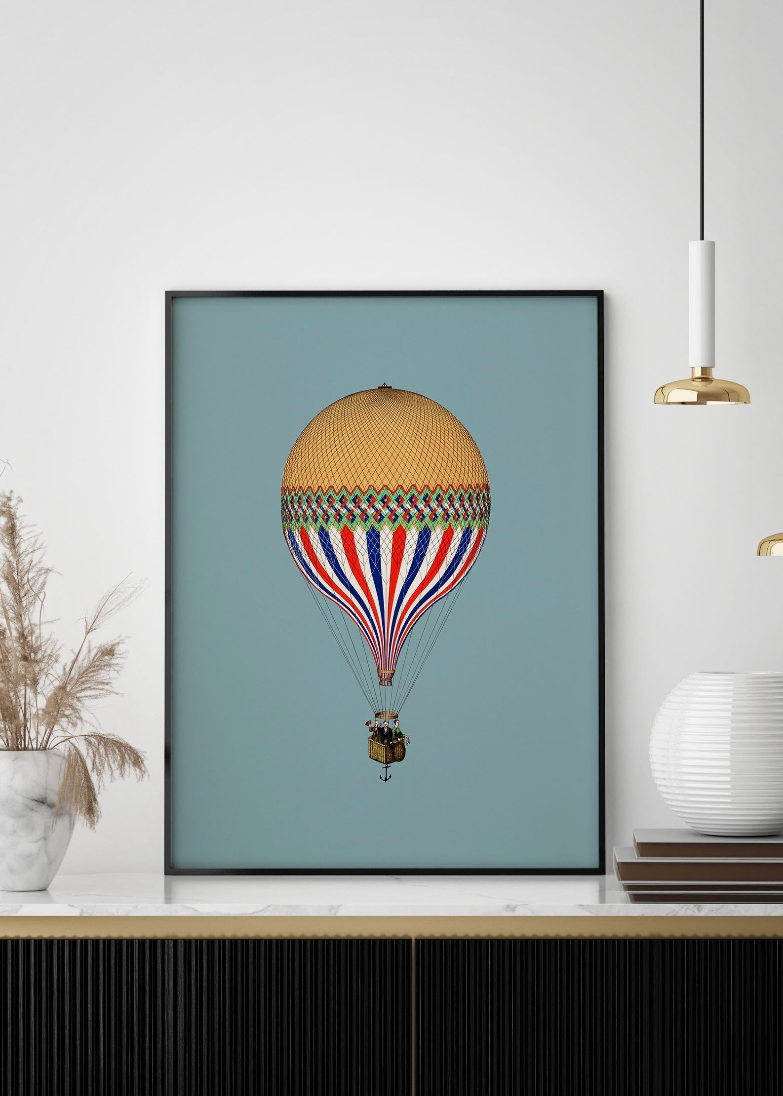 Vintage Hot Air Balloon Print | Blue Backdrop Minimal Print
