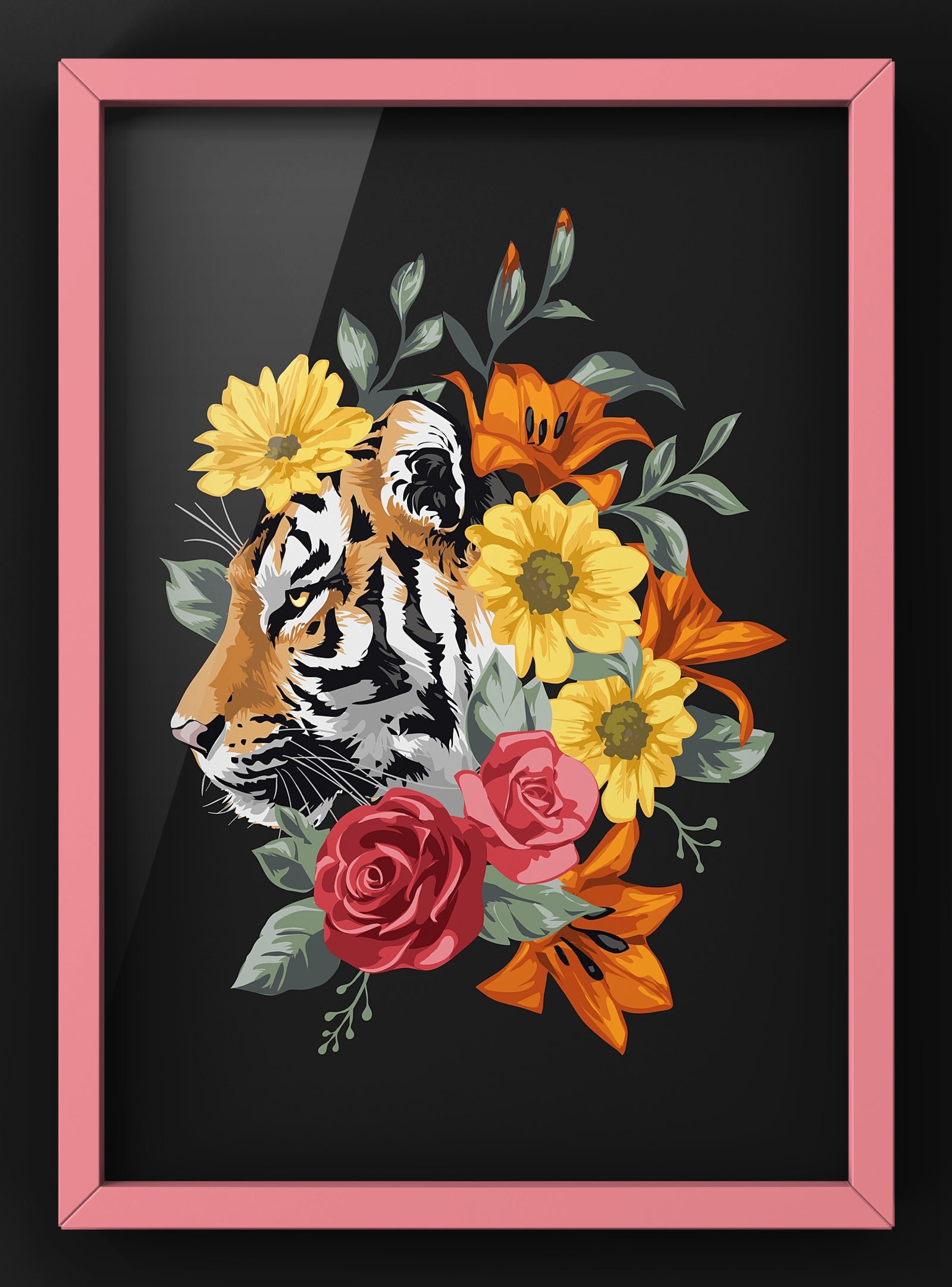 Floral Tiger illustration Print | Black Wild Wall Art