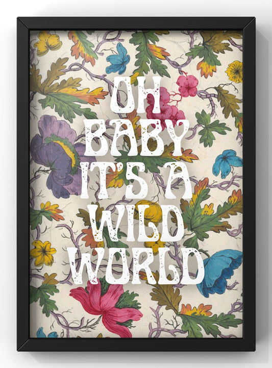 Oh Baby It’s a Wild World Quote Print | Cat Stevens Lyric Print | Vintage Floral Decor Art