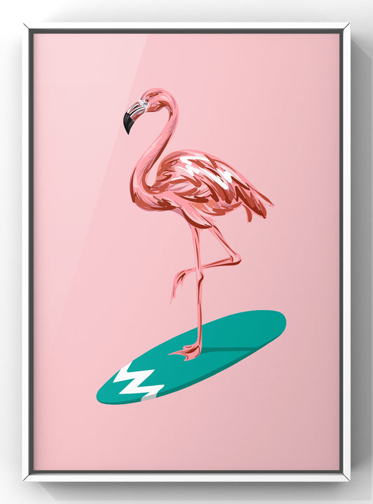 Cool Pop Art Flamingo Print | Surfing Flamingo Wall Art