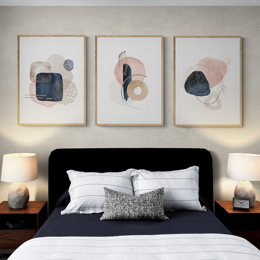 Navy Blue , Blush Pink, & Gold Minimal Wall Art | Minimal Gallery Wall Set of 3 Prints