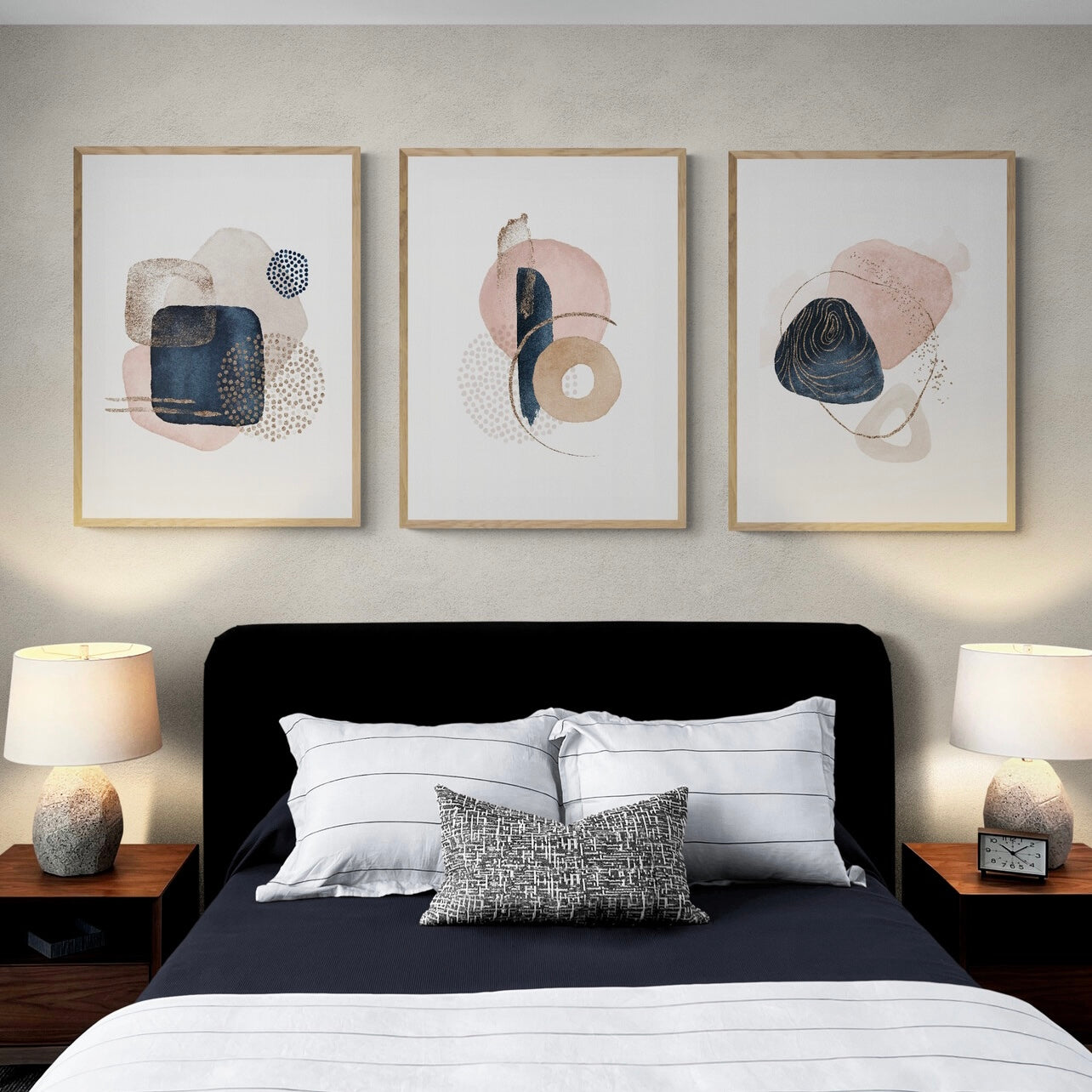 Navy Blue , Blush Pink, & Gold Minimal Wall Art | Minimal Gallery Wall Set of 3 Prints