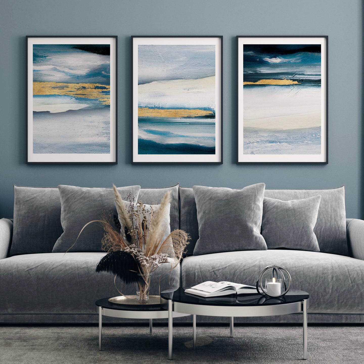 Abstract Art Sea Blue and Gold Textured Style Art Prints Set of 3 | Natural Terracotta Trio | Gallery Wall Set