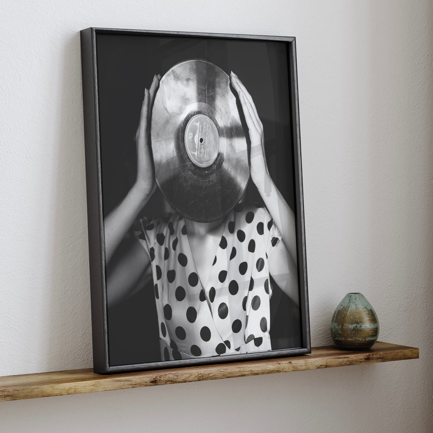 Old School Girl with Vinyl Disc  Print | Black & White Photography Wall Art