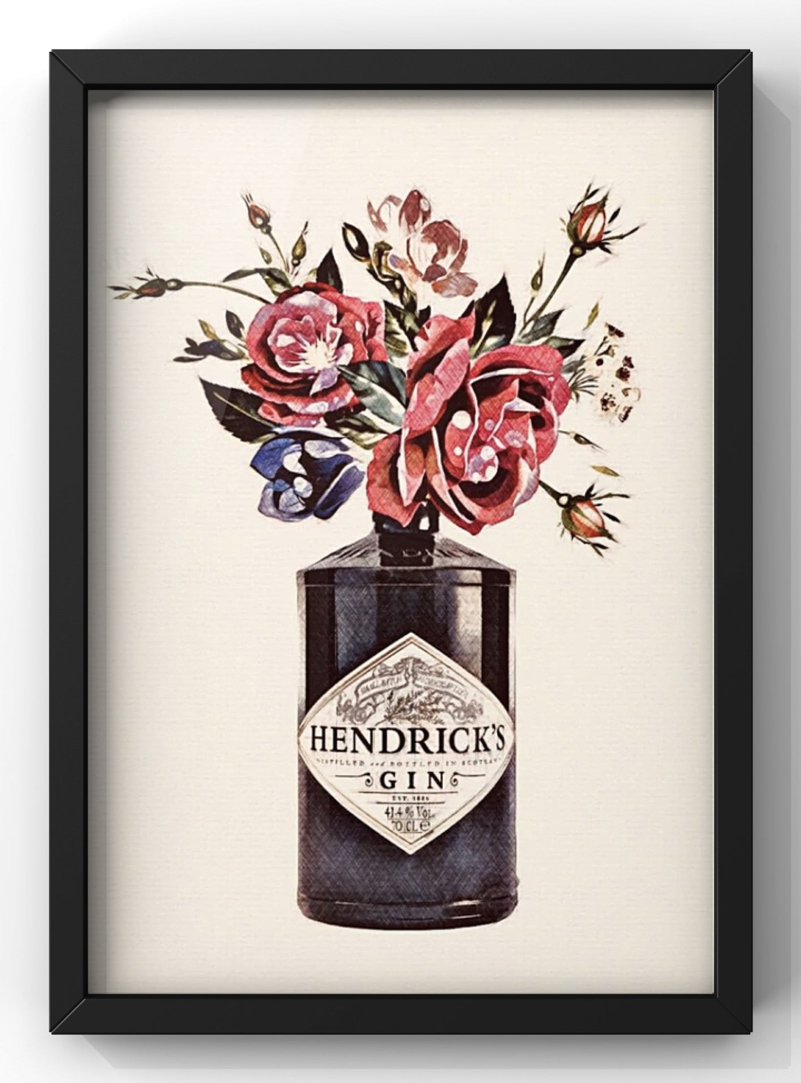 Floral Hendricks Bottle Illustration Print | Kitchen Gin Bottle Wall Art