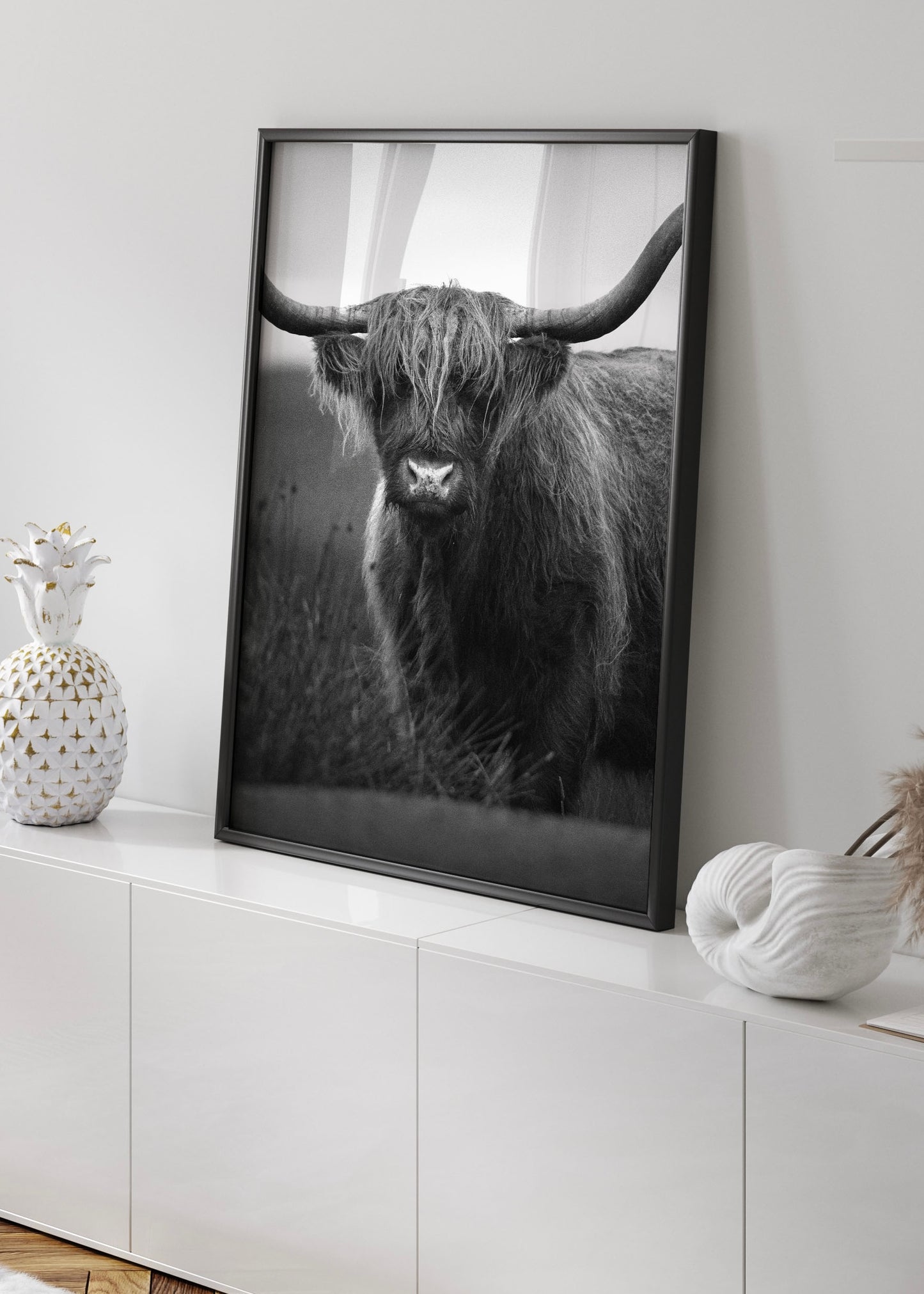 Black & White Highland Cow Wall Art Print
