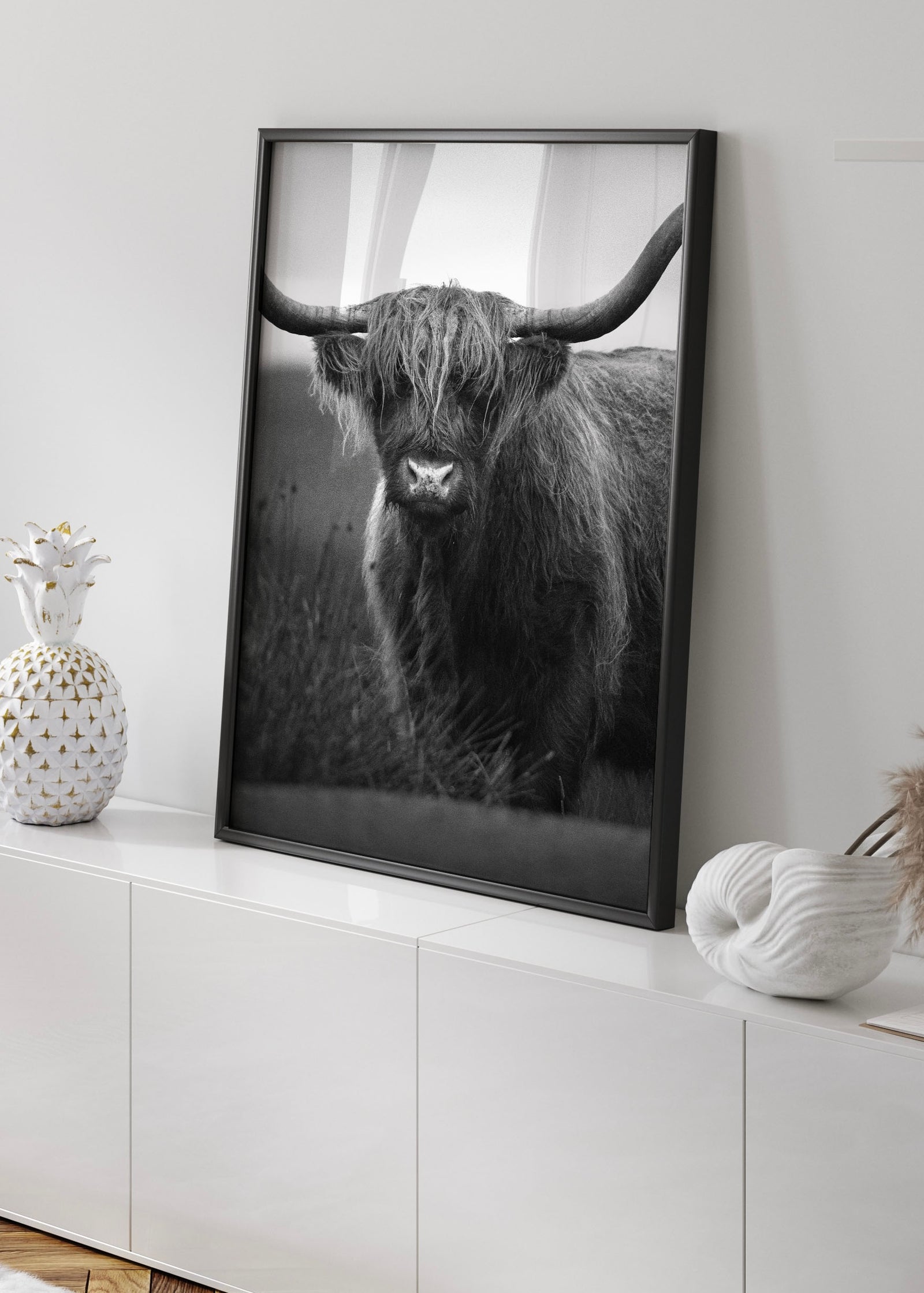 Black & White Highland Cow Wall Art Print