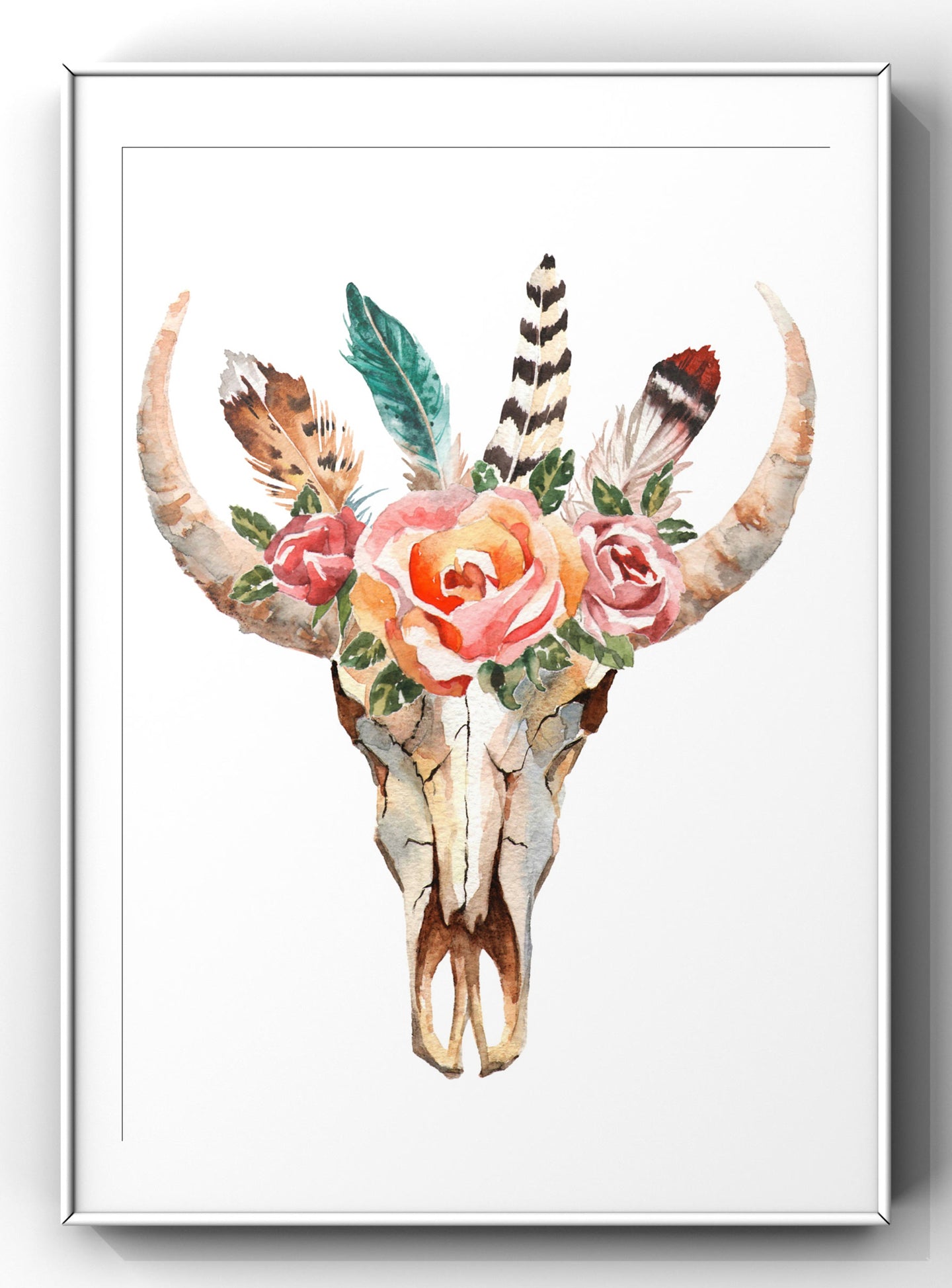 Floral Animal Skull Watercolour Wall Art Print