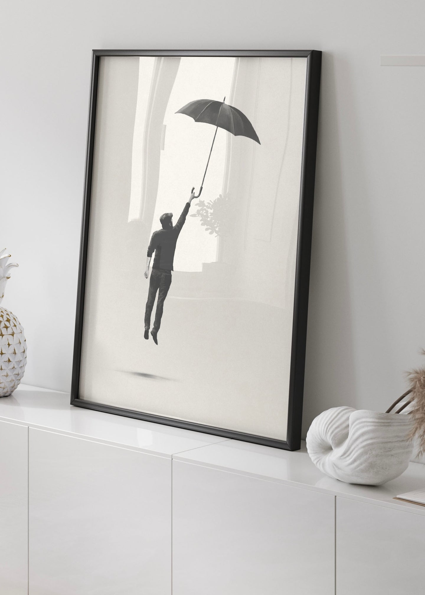 Man Flying in the Sky with Umbrella | Minimal Wall Art Print  | Alternative Wall Art