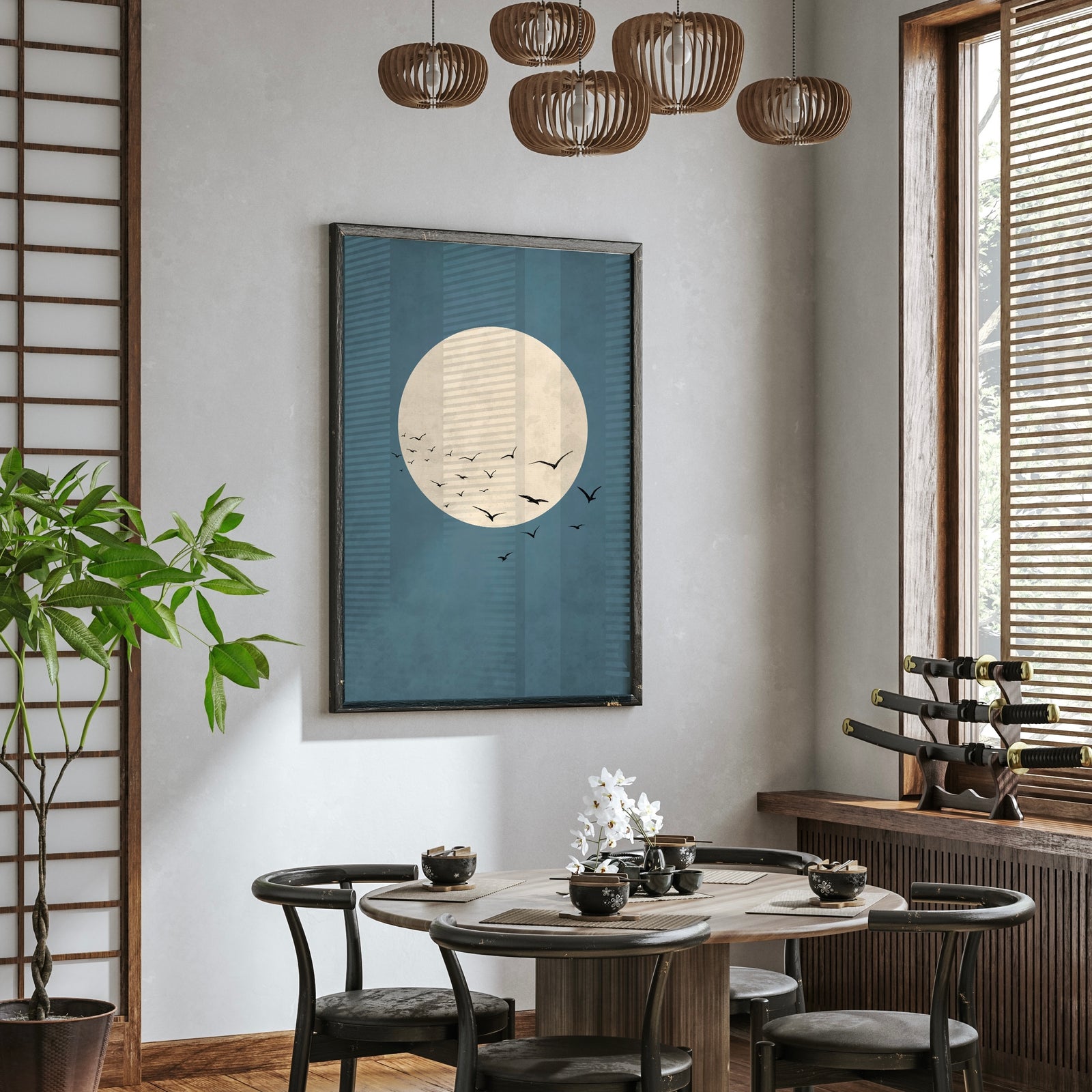 Modern Boho Moon Print | Minimalistic rustic Smoky Blue Wall Art