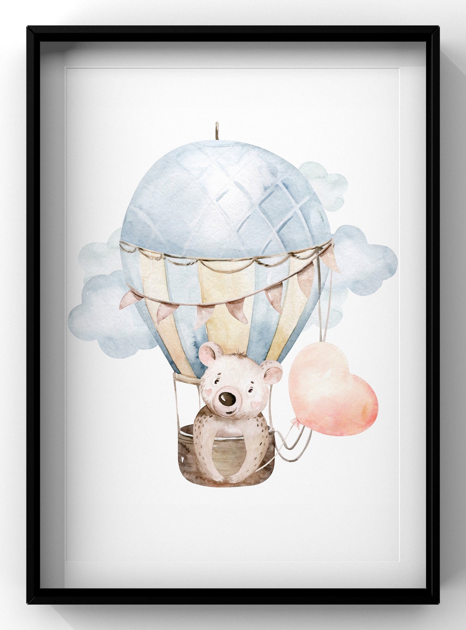 Cute Dreaming Baby Bear Hot Air Balloon Nursery Print | Watercolour Wall Art