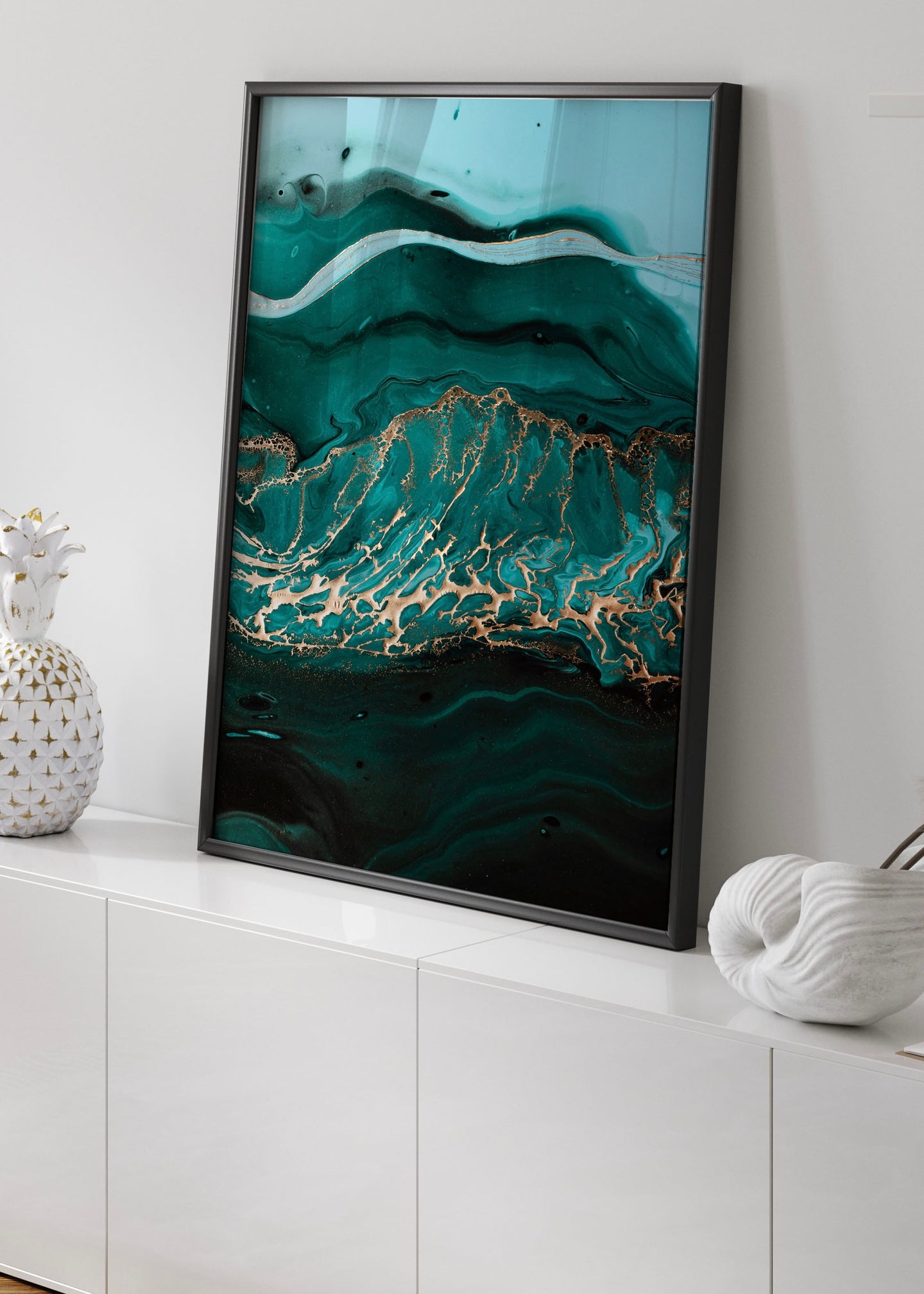Modern Abstract Ocean Art | Dark Green and Gold Marble Print