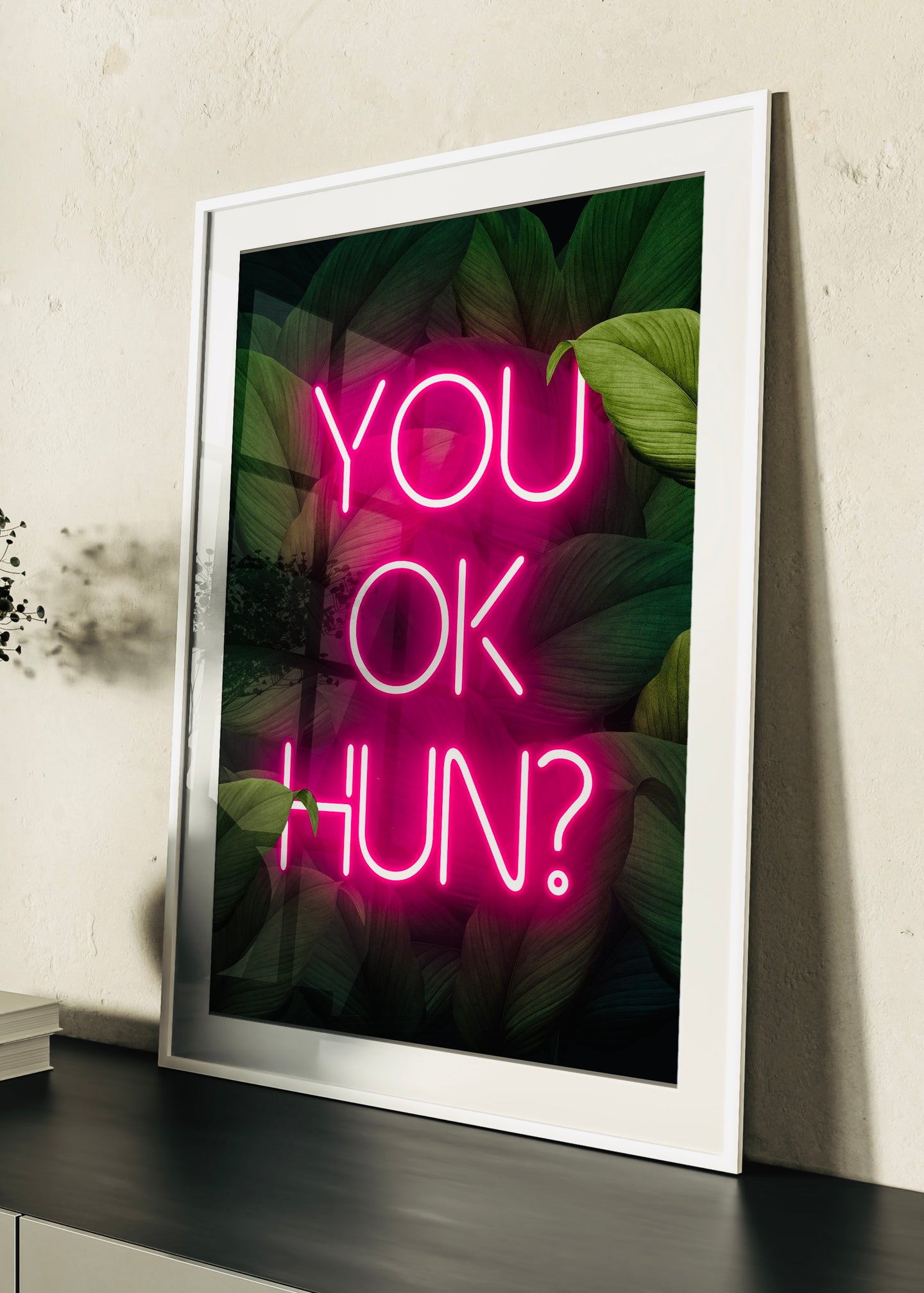 You Ok Hun? Neon Sign Print | Leaves Background Pink Neon Wall Art