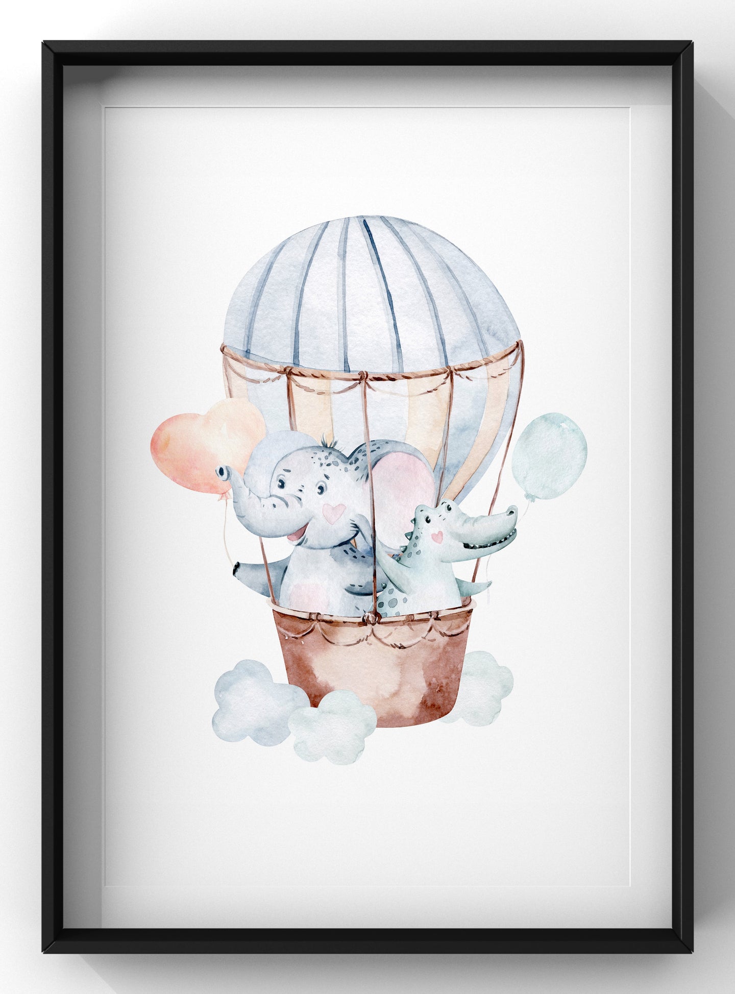 Cute Dreaming Elephant & Dinosaur Hot Air Balloon Nursery Print | Watercolour Animal Wall Art
