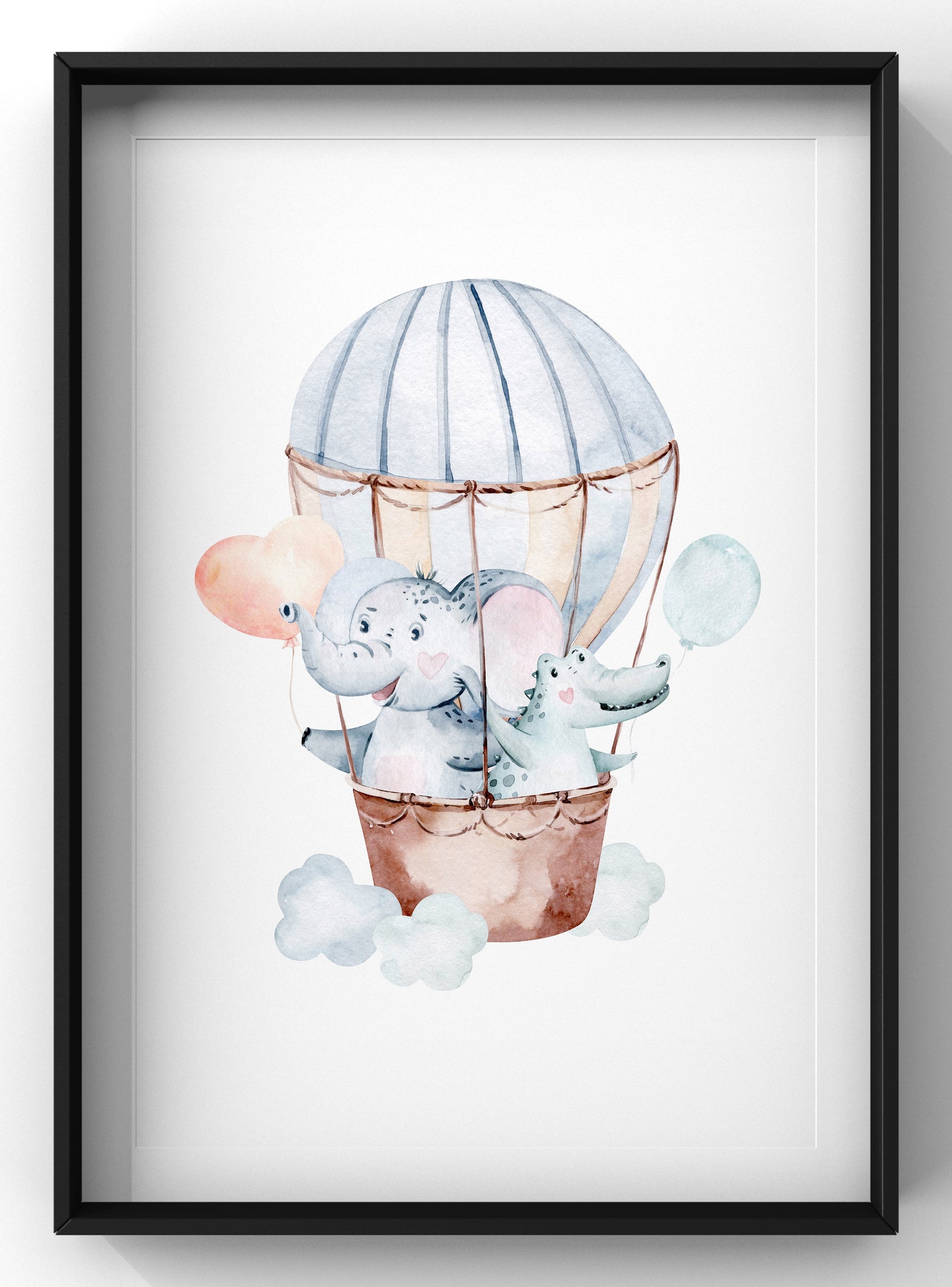 Cute Dreaming Elephant & Dinosaur Hot Air Balloon Nursery Print | Watercolour Animal Wall Art