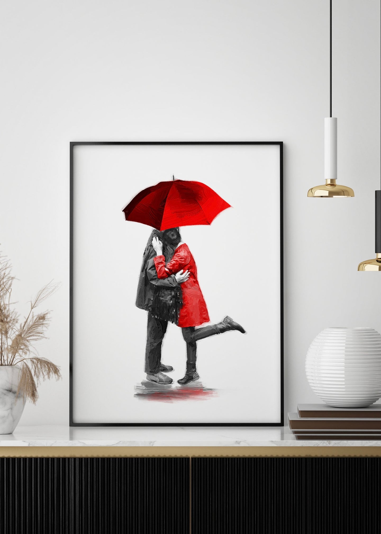 Couple In Love Illustration | Love in The Rain Red umbrella print