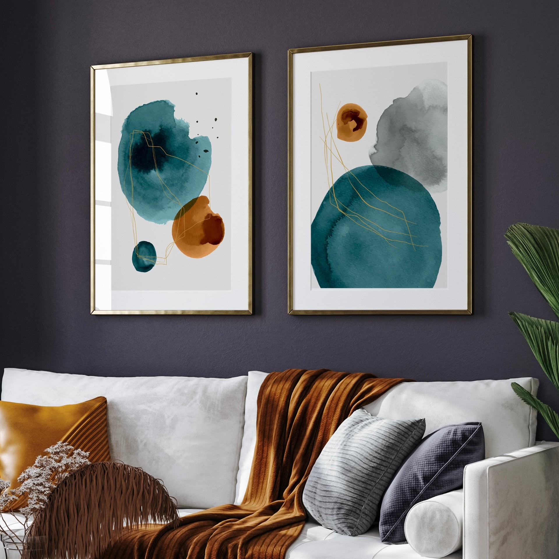 Minimal Watercolour Gallery Wall Set of two | Rusty Orange and Emerald Green