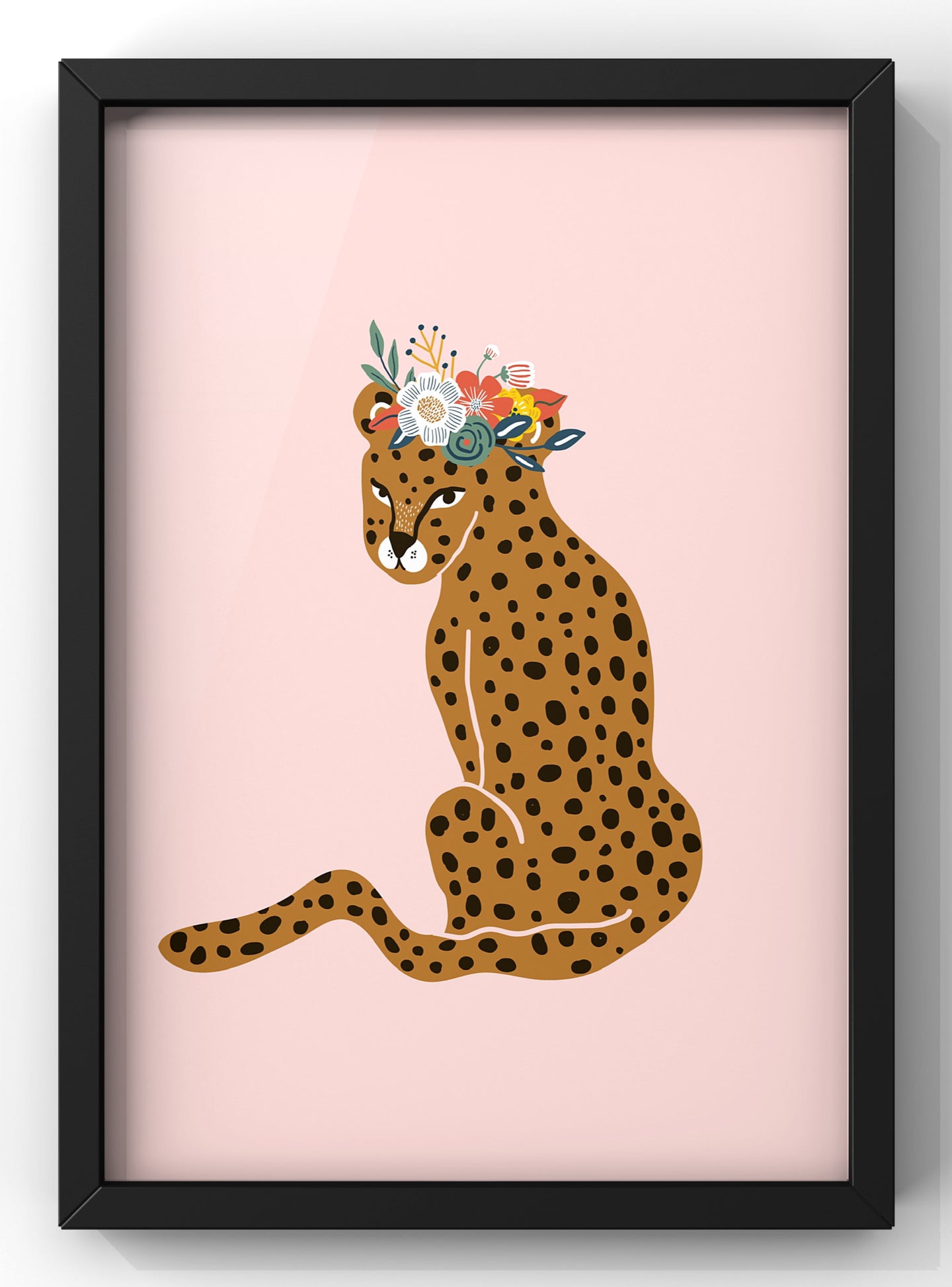 Boho Floral Cheetah Illustration Print | Floral Wall Art