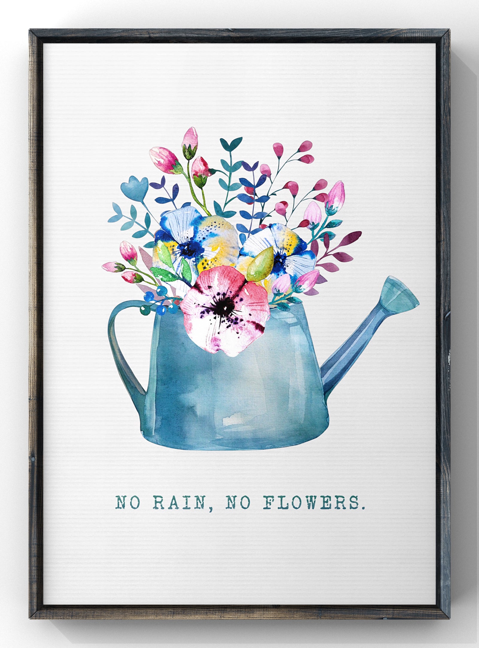 No Rain, No Flowers Kitchen Quote Print | Floral Watering Can Wall Art